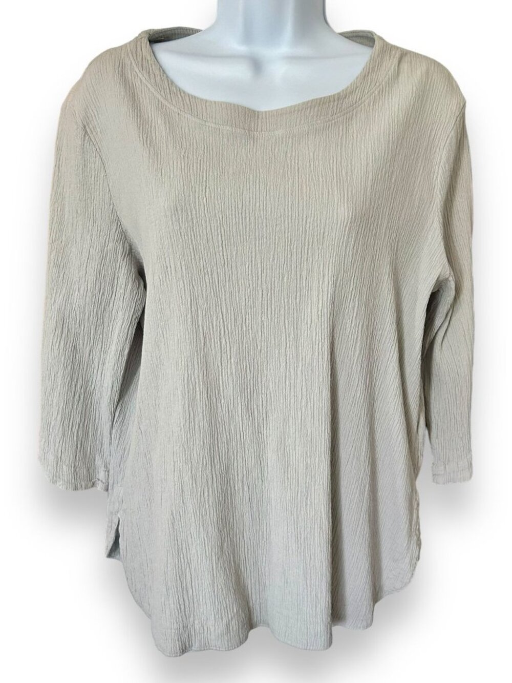 Focus Cotton Crinkle Gauze 3/4 sleeve Gray Beige Top Lagenlook Shirt